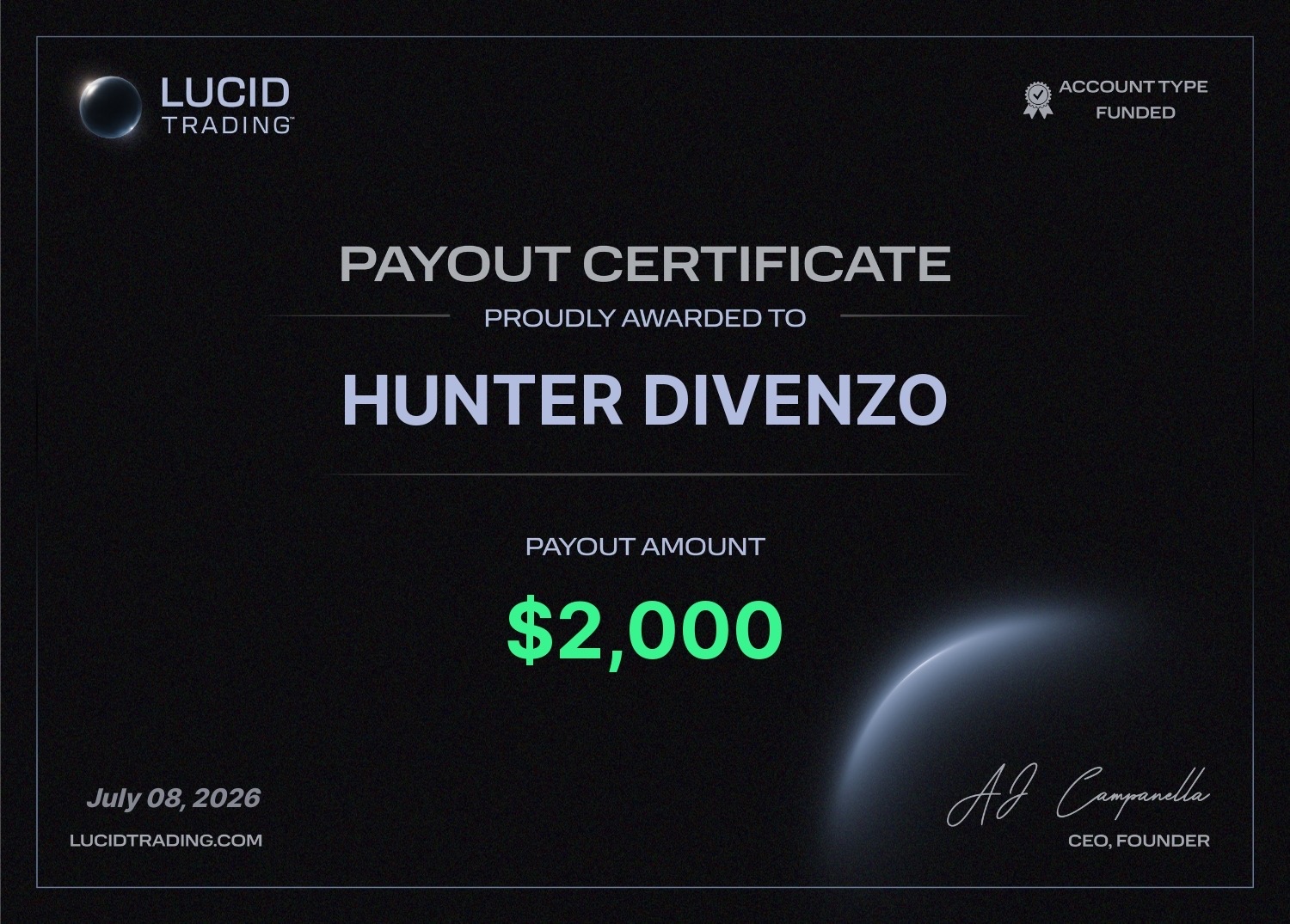 Lucid Trading payout certificate, July 8, 2026